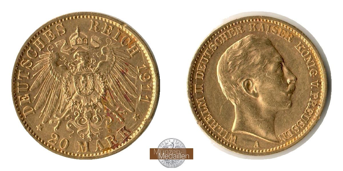 Dt. Kaiserreich, Preussen. Wilhelm II. MM-Frankfurt Feingold: 7,16g 20 Mark 1911 A 