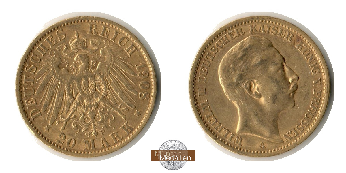 Dt. Kaiserreich. Preussen Wilhelm II. MM-Frankfurt Feingold: 7,17g 20 Mark 1908 A 