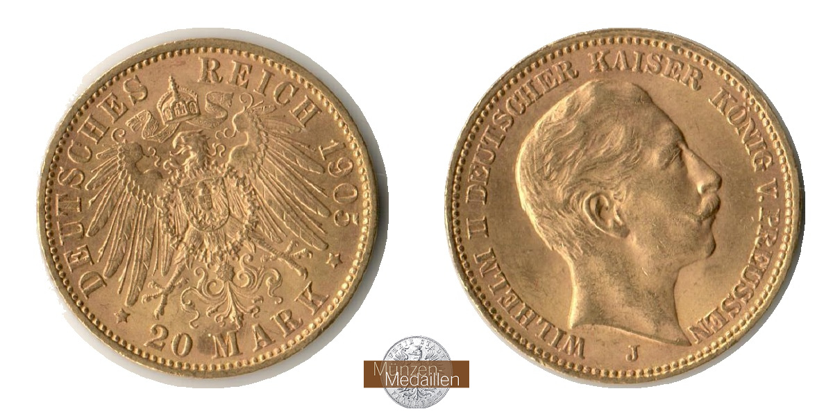 Dt. Kaiserreich Preussen,  20 Mark MM-Frankfurt KM#521 Feingold: 7,17g Wilhelm II 1905 J 