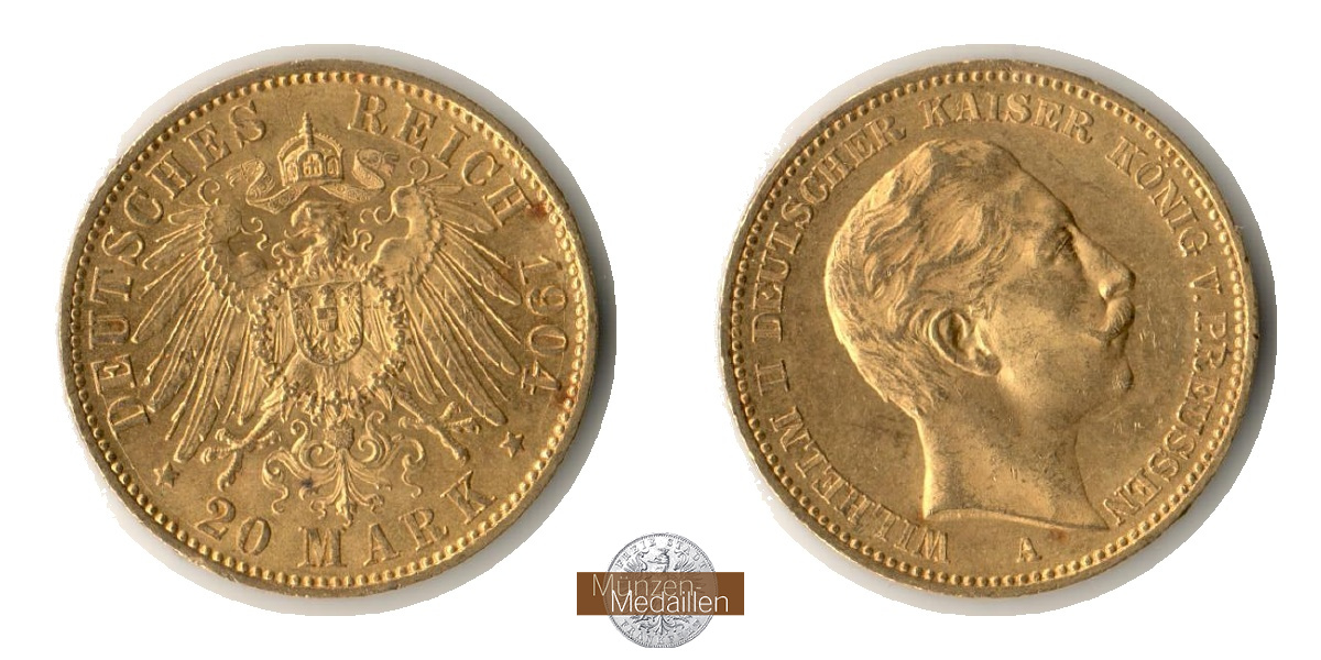 Dt. Kaiserreich. Preussen Wilhelm II. MM-Frankfurt Feingold: 7,17g 20 Mark 1904 A 