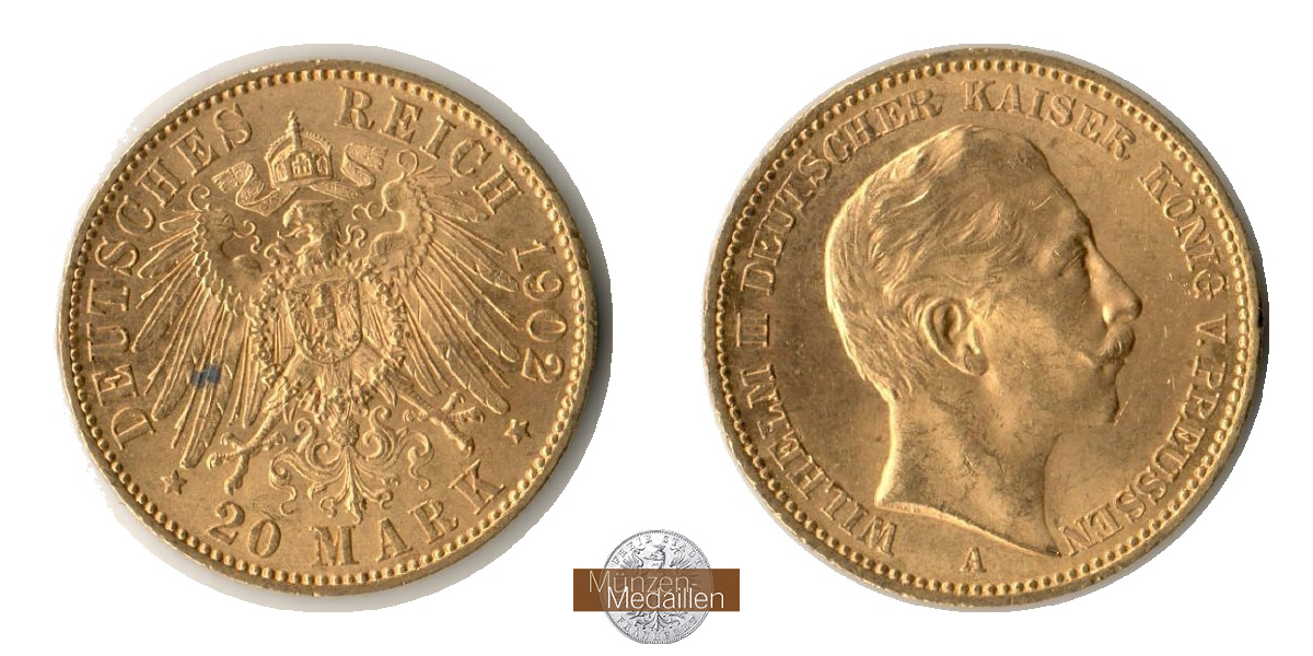 Preussen, Kaiserreich  20 Mark MM-Frankfurt Feingold: 7,17g Wilhelm II.  1888-1918 1902 A 