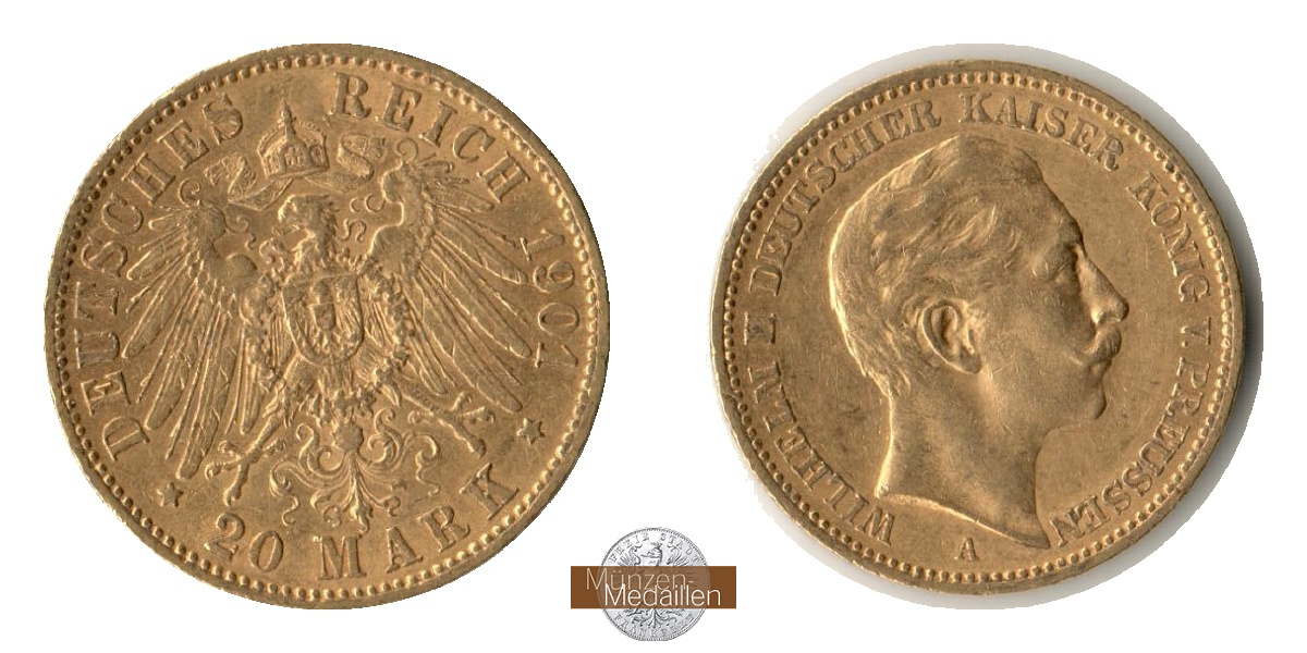Dt. Kaiserreich Preussen, Wilhelm II. MM-Frankfurt Feingold: 7,17g 20 Mark 1901 A 
