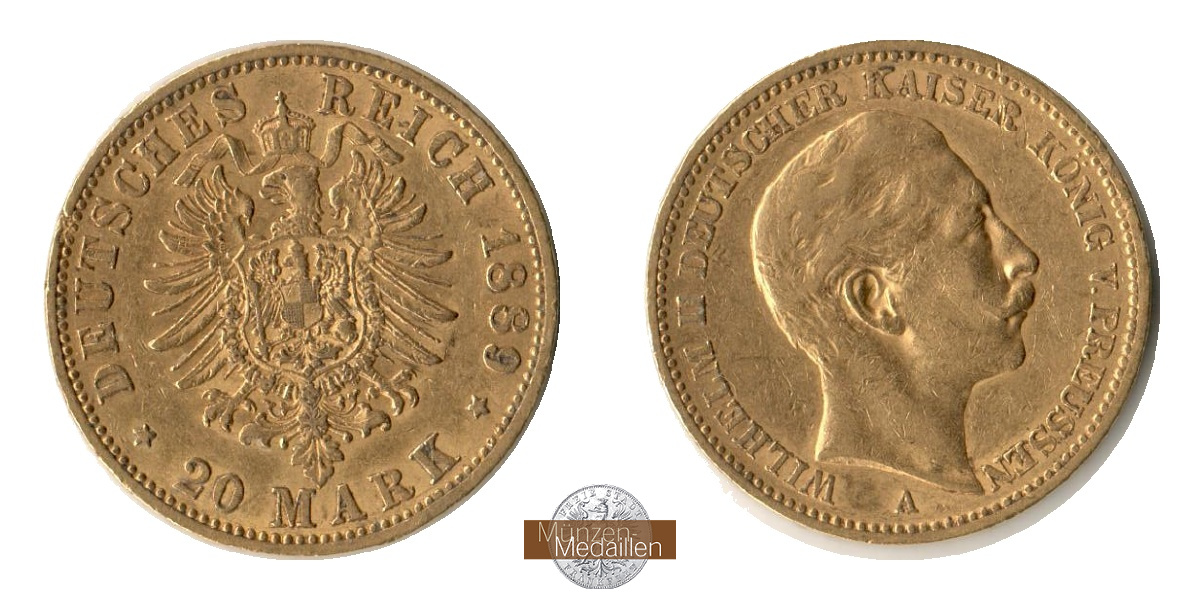 Dt. Kaiserreich. Preussen Wilhelm II. MM-Frankfurt Feingold: 7,17g 20 Mark 1889 A 