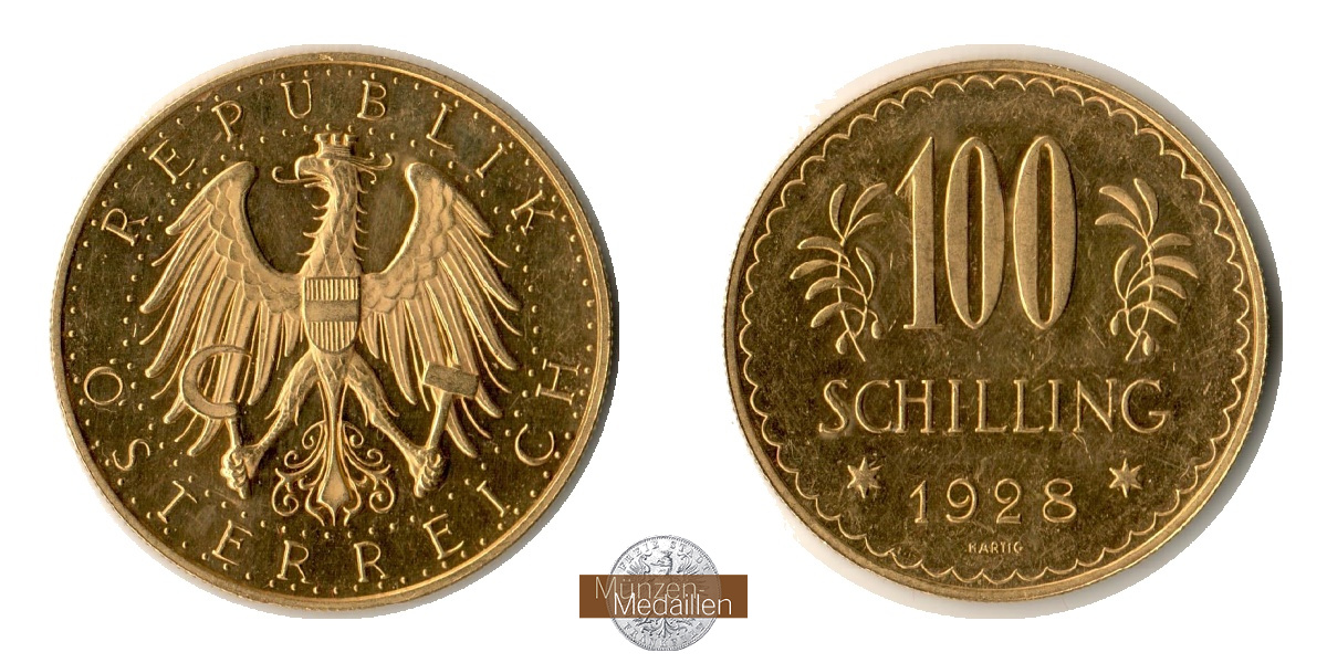 Österreich, 1. Republik 1925-1938. MM-Frankfurt Feingold: 21,17g 100 Schilling 1928 