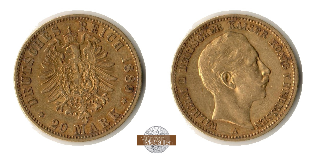 Dt. Kaiserreich. Preussen Wilhelm II. MM-Frankfurt Feingold: 7,17g 20 Mark 1889 A 
