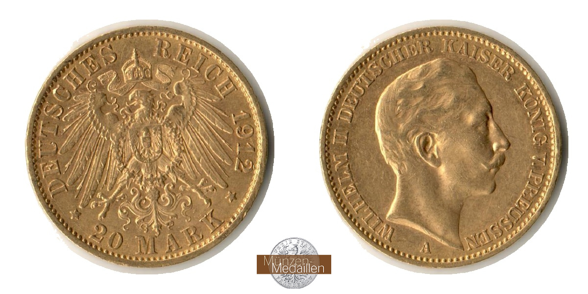 Dt. Kaiserreich Preussen, Wilhelm II. MM-Frankfurt Feingold: 7,17g 20 Mark 1912 A 