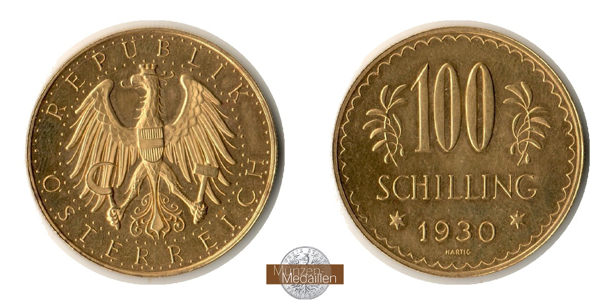  Österreich, 1. Republik 1925-1938.  100 Schilling 1930.  MM-Frankfurt  KM#2842 Feingold: 21,17g   