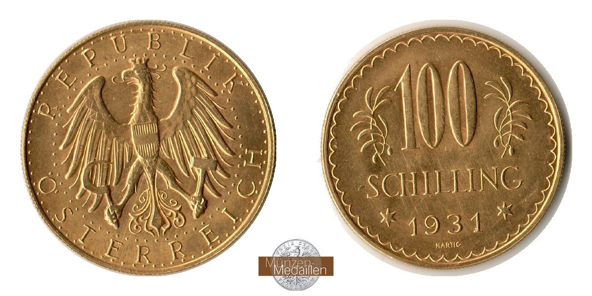  Österreich, 1. Republik 1925-1938.  100 Schilling 1931.  MM-Frankfurt KM#2842 Feingold: 21,17g   