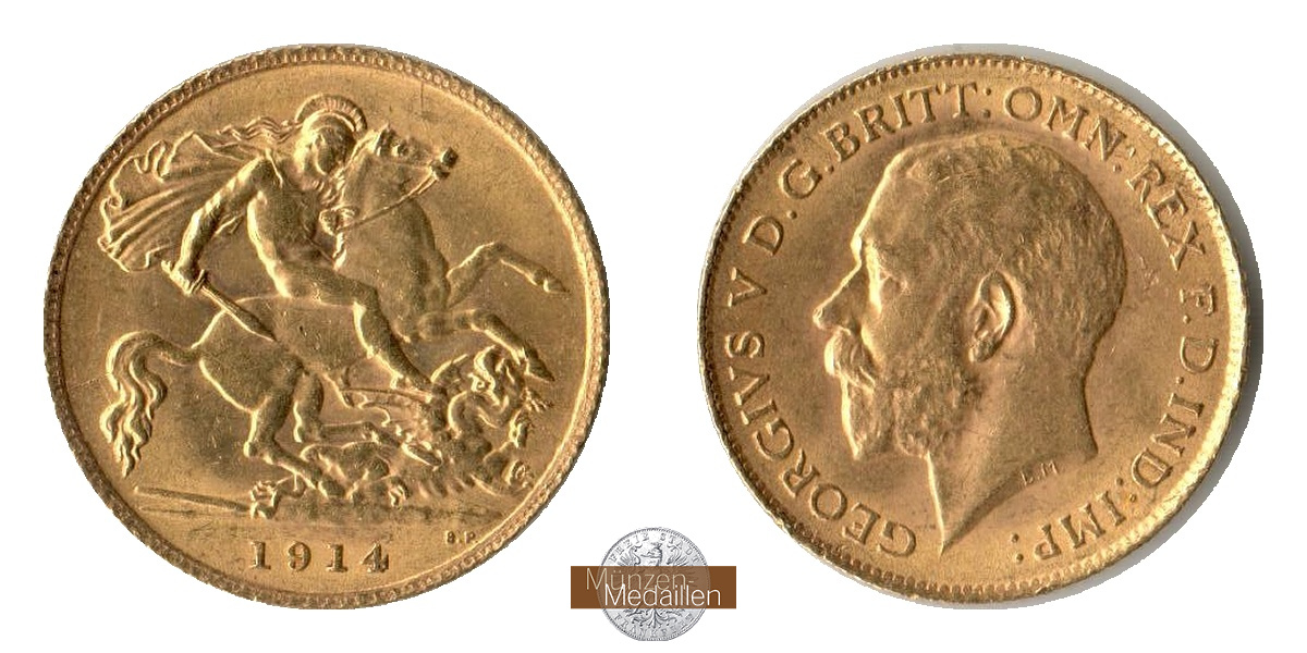 Grossbritannien, Georg V. MM-Frankfurt KM#819 Feingold: 3,66g 1/2 Sovereign 1914  