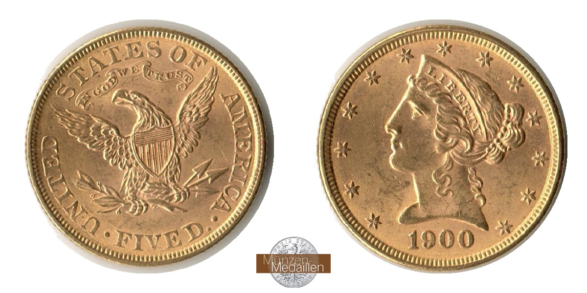 USA  5 Dollar MM-Frankfurt Feingold: 7,5g Liberty 1900 