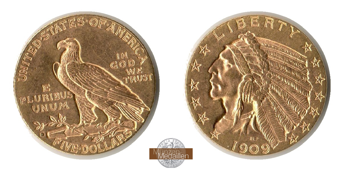 USA  5 Dollar MM-Frankfurt   Feingold: 7,52g Half Eagle - Indian Head 1909 