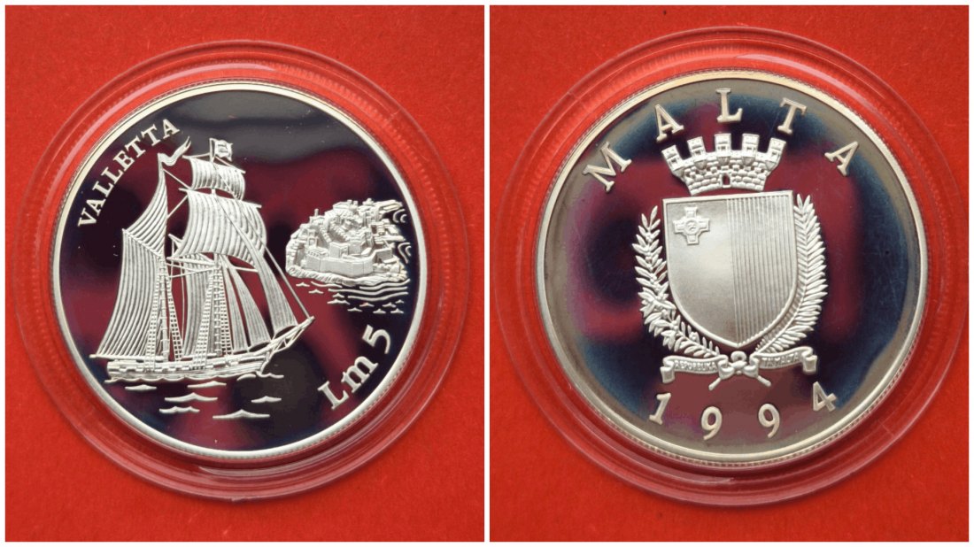  Malta 5 Lira 1994 Segelschiff Valletta / Silbermünze   