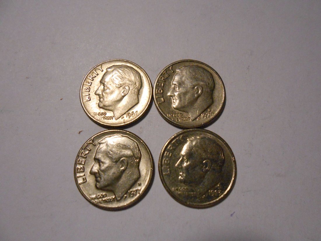  ZX13 USA 4er Lot Roosevelt Dime-10 Cent / 1966 1970D 1977D 1993D (KM# 195a)   