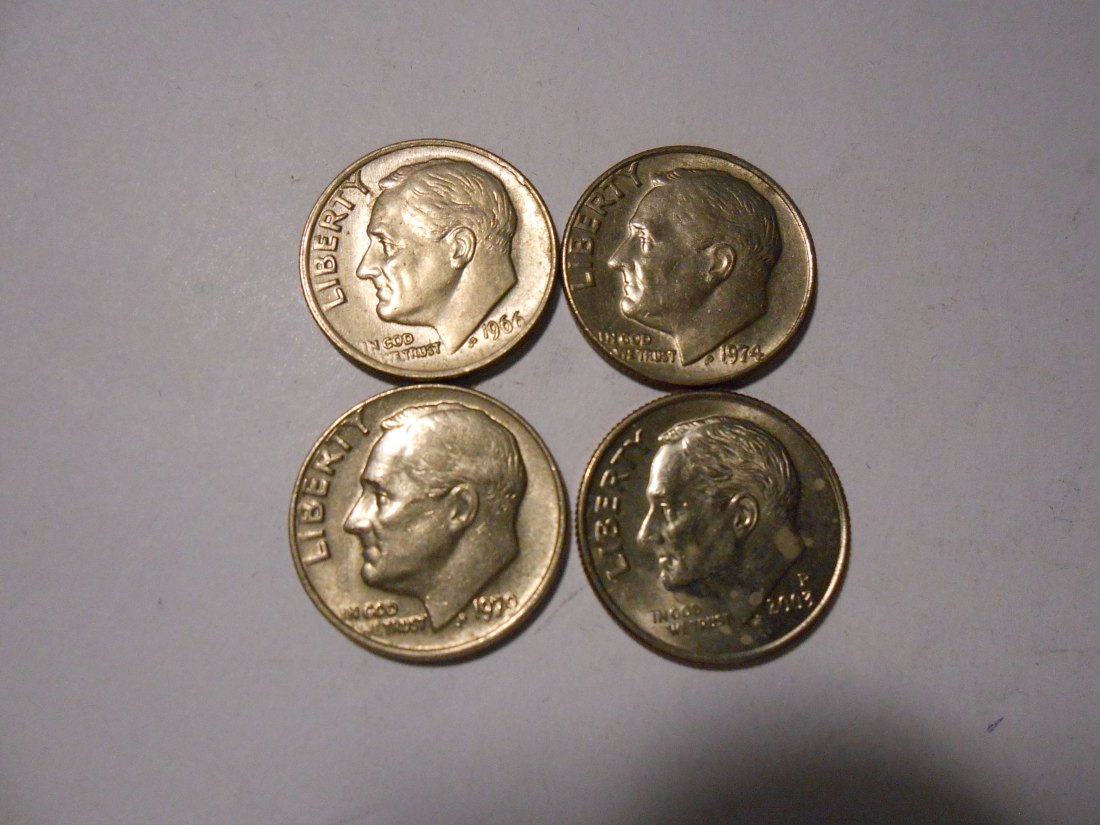  ZX14 USA 4er Lot Roosevelt Dime-10 Cent / 1966 1974 1979 2003P (KM# 195a)   