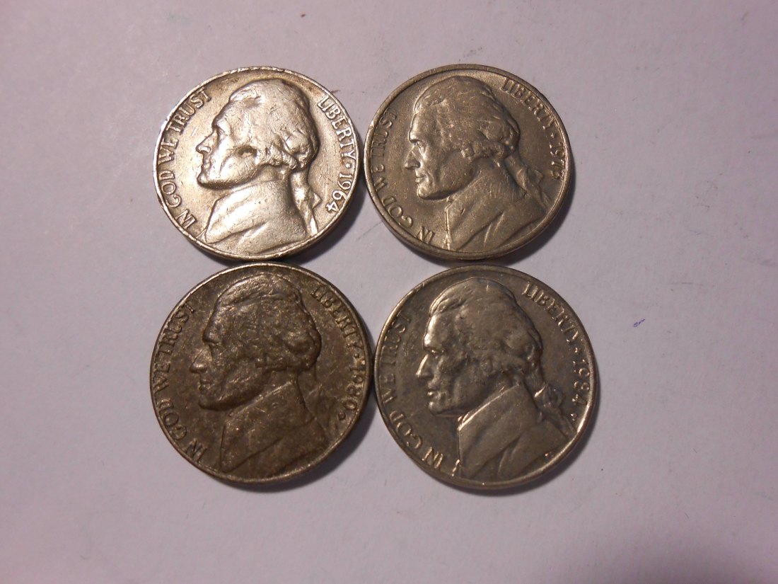  ZX16 USA 4er Lot Jefferson Nickel-5 Cent / 1964 1973 1980D 1984P (KM# A192)   