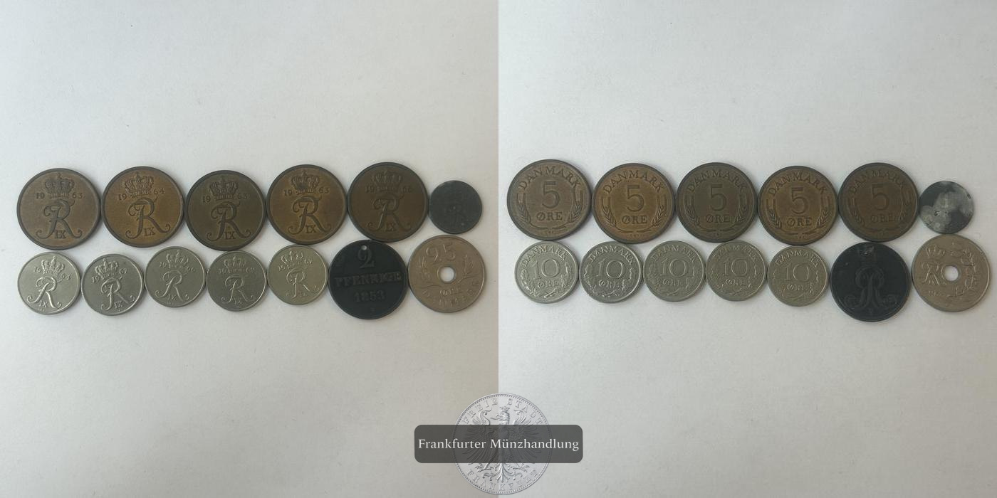  LOT: Dänemark 5x 5 Øre, 5x 10 Øre 1964, 1x 25 Øre 1967, 1 Øre 1955 KM#843 FM-Frankfurt   