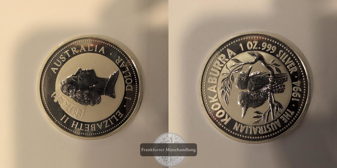  Australien 1 Dollar Elizabeth II Kookaburra 1994 FM Frankfurt KM#212 Feinsilber 31,1g   