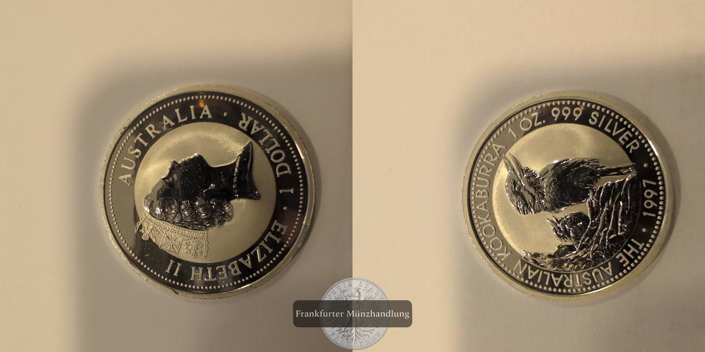  Australien 1 Dollar Elizabeth II Kookaburra 1997 FM Frankfurt Medaillien KM#318 Feinsilber 31,1g   