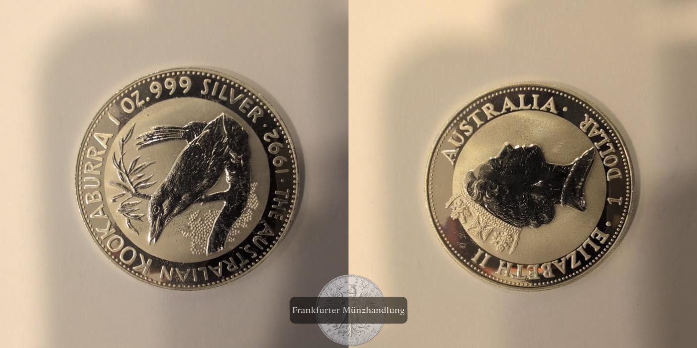  Australien 1 Dollar Elizabeth II Kookaburra 1992 FM Frankfurt KM#164 Feinsilber 31,1g   