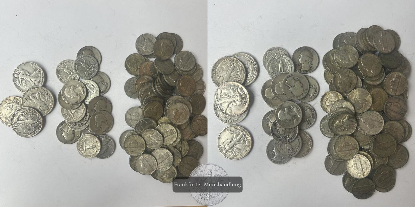  LOT: USA 5x ½ Dollar Walking Liberty Half Dollar 1943-1947 KM# 142 FM-Frankfurt Feinsilber:11,250g   