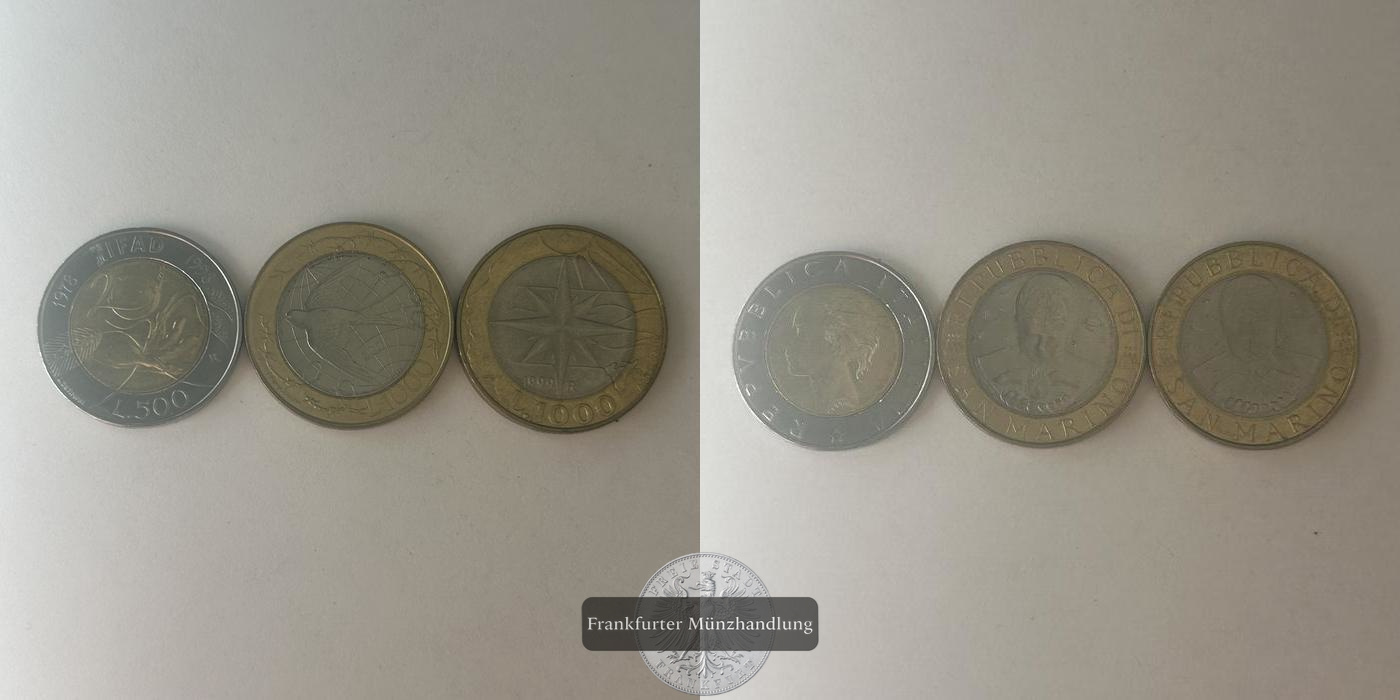 LOT: San Marino 2x 1000 Lire (Ancient allegory) 1999, Italien 1x 500 Lire 1998 KM#193 FM-Frankfurt   