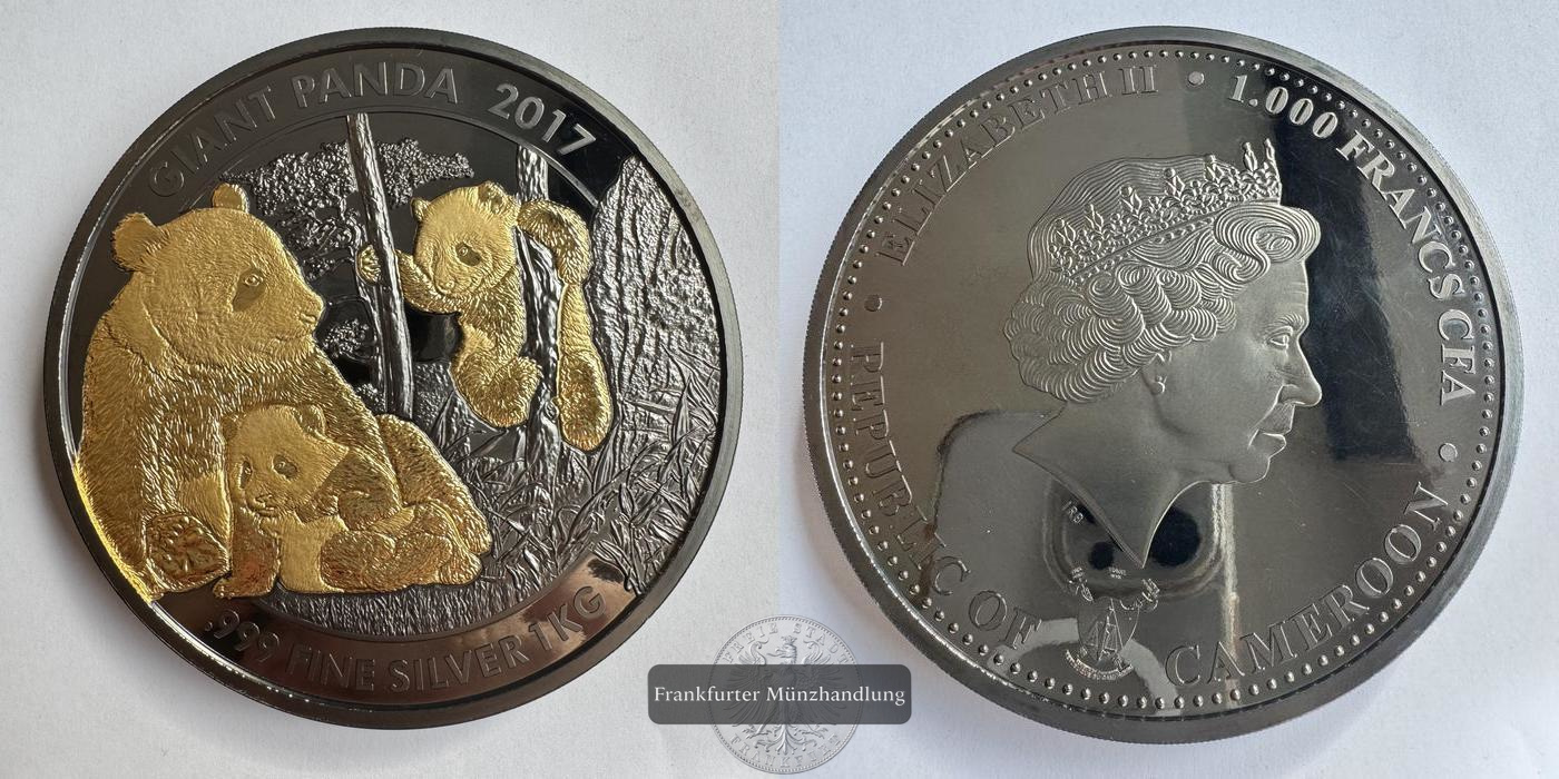  Kamerun 1000 Francs (Giant panda; Rhutenium und Gold plattiert) 2017 FM-Frankfurt Feinsilber: 1kg   