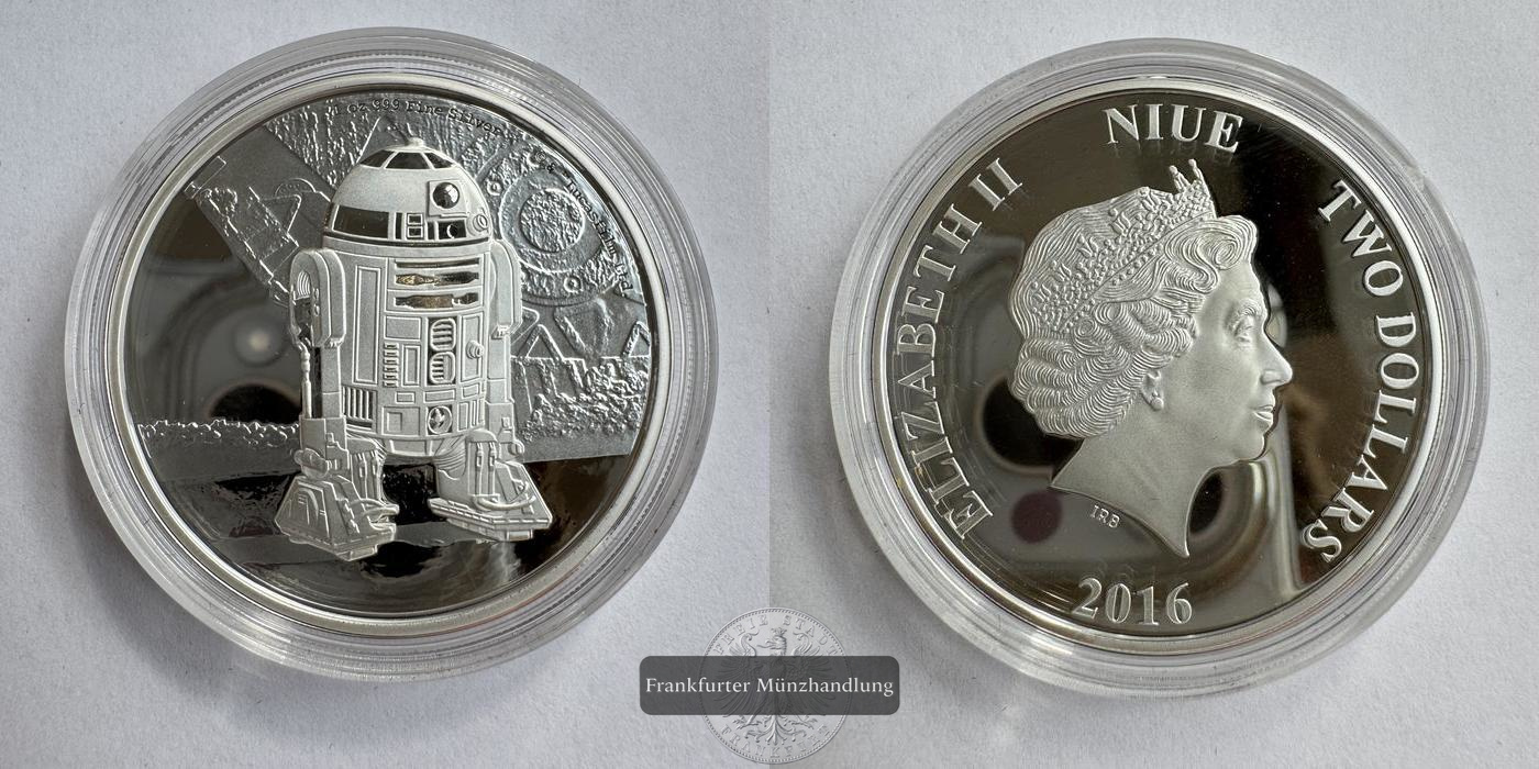  Niue 2 Dollars Elizabeth II (R2-D2) 2016 FM-Frankfurt KM#1379 Feinsilber: 31,1g   