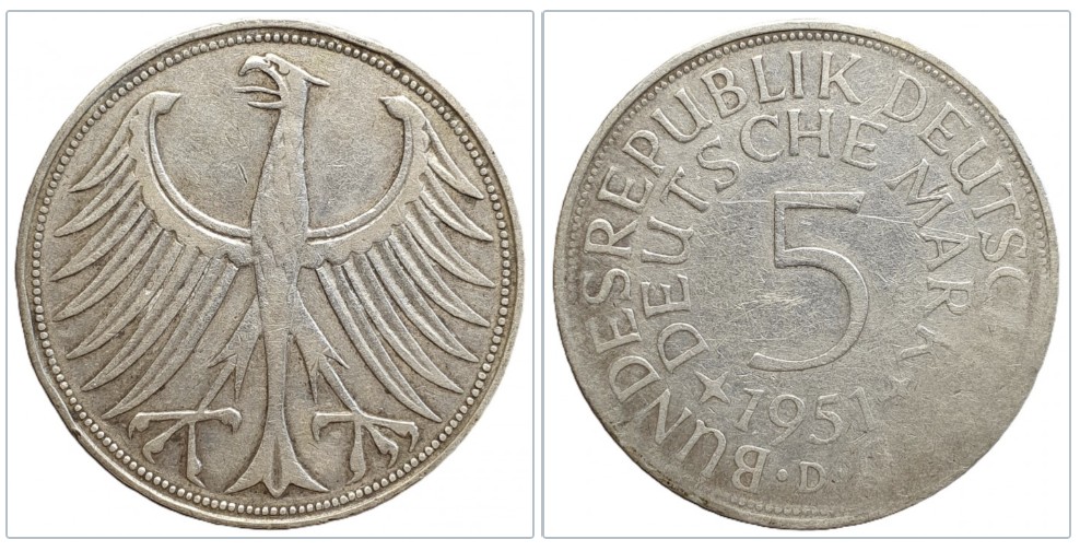  Deutschland 5 Mark, 1951 Münzzeichen: D - München Silber 7 gr. fein   