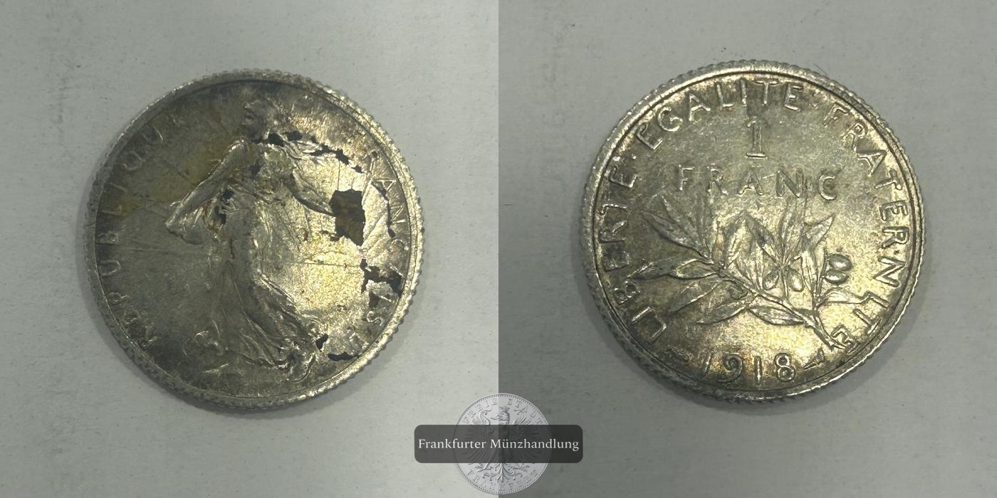  Frankreich  1 Franc  1918  FM-Frankfurt KM#844 Feingewicht: 4,17g   