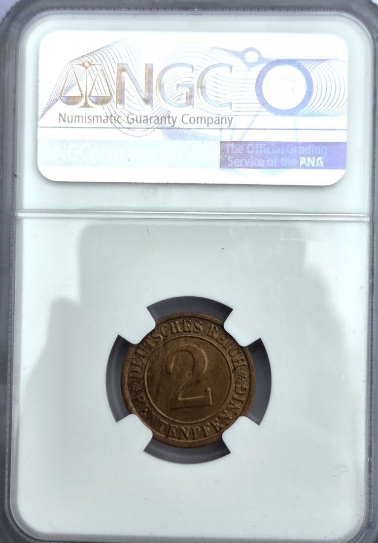  Weimar 2 Rentenpfennig 1923 J - NGC MS63 BN   