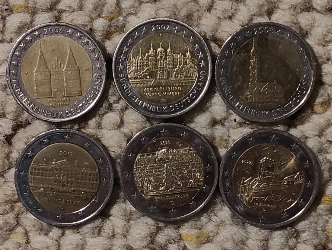  d046: Deutschland 6 x 2 verschiedene €uro Stücke aus Umlauf   