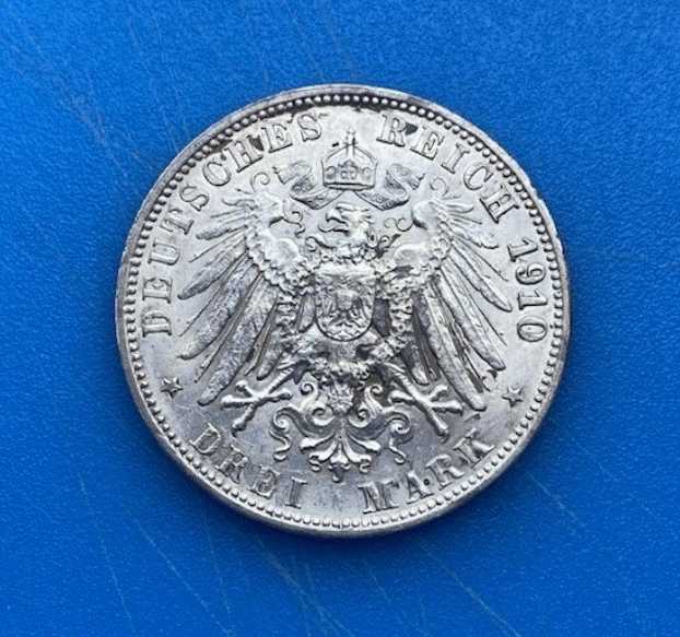  SILBER - Württemberg 3 Mark 1910 F  Wilhelm II. Deutsches Reich 900er Silber   