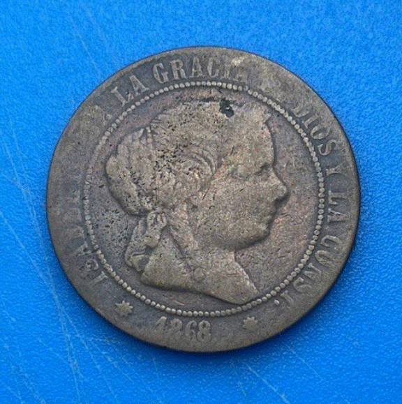  Spanien 5 Céntimos de Escudo 1868 Königin Isabel II. Historische Münze   