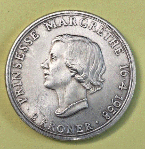  SILBER - Dänemark 2 Kronen 1958 Prinzessin Margrethe 18. Geburtstag   