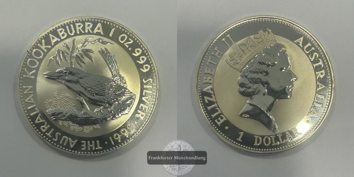  Australien 1 Dollar Elizabeth II(Australian Kookaburra) 1992 FM-Frankfurt KM#164 Feinsilber: 31,072g   