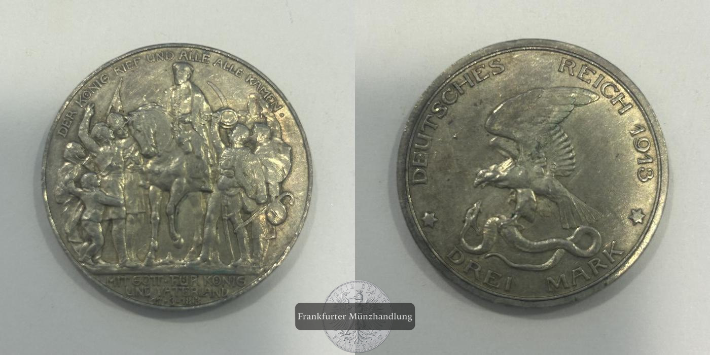  Dt. Kaiserreich Preussen, Wilhelm II. 3 Mark 1913 FM-Frankfurt KM#534 Feinsilber: 15g   