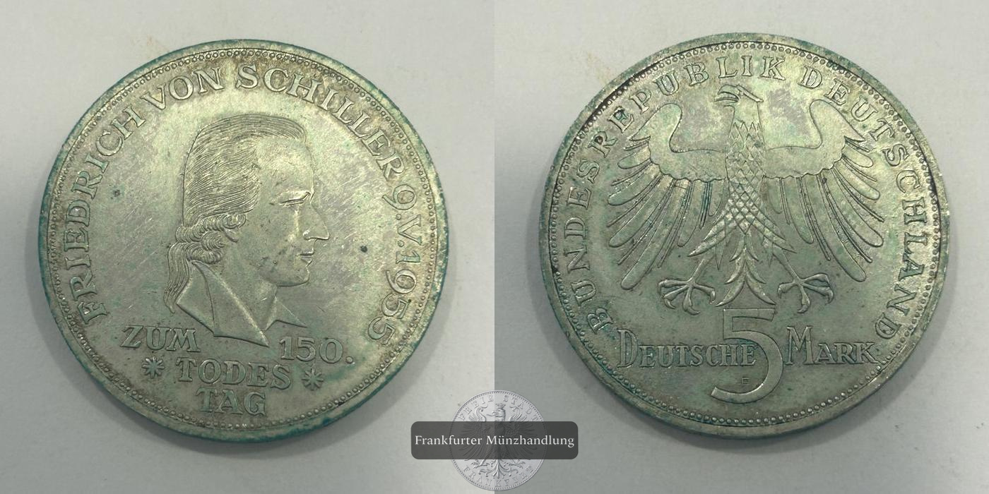  Deutschland 5 Deutsche Mark (Friedrich von Schiller) 1955 FM-Frankfurt KM#114 Feinsilber: 7,000g   