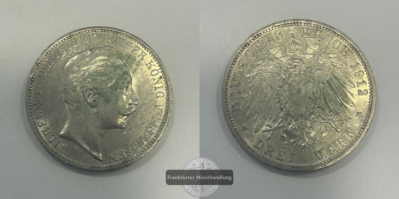  Dt. Kaiserreich, Preussen 3 Mark 1912 'A' Wilhelm II FM-Frankfurt KM#527 Feinsilber: 15g   