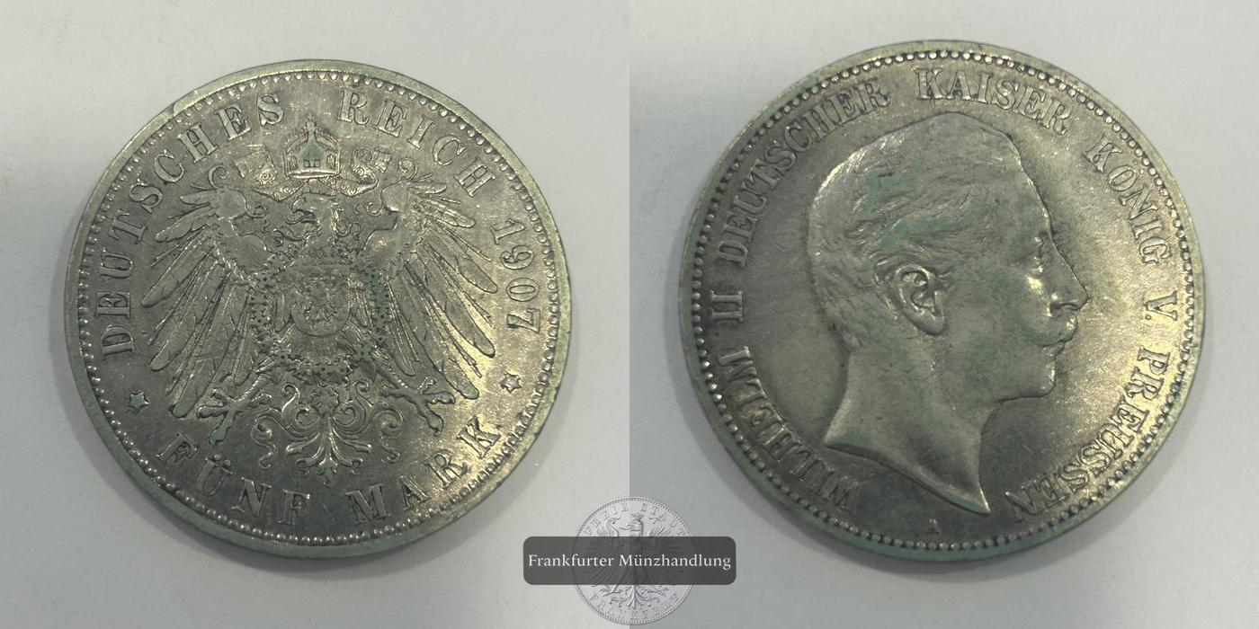  Deutsches Kaiserreich 5 Mark 1907 'A' Preußen Wilhelm II FM-Frankfurt KM#523 Feinsilber: 25g   