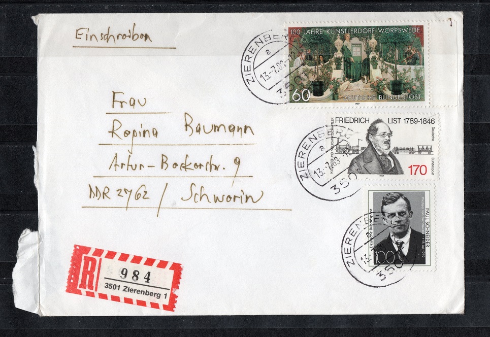  BRD 1989 Einschreiben mit Mi.1429-1431 FDC/ Echt gelaufen/ Mi 5,70 EUR   