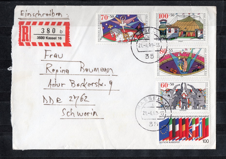  BRD 1989 Einschreiben mit Mi.1411-1414 + 1416 Echt gelaufen/ Mi 12,20 EUR   