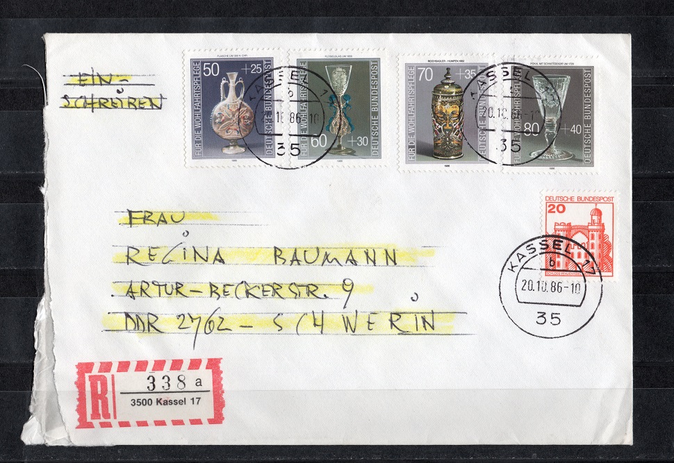  BRD 1986 Einschreiben mit Mi.1295-1298 + div. Echt gelaufen   