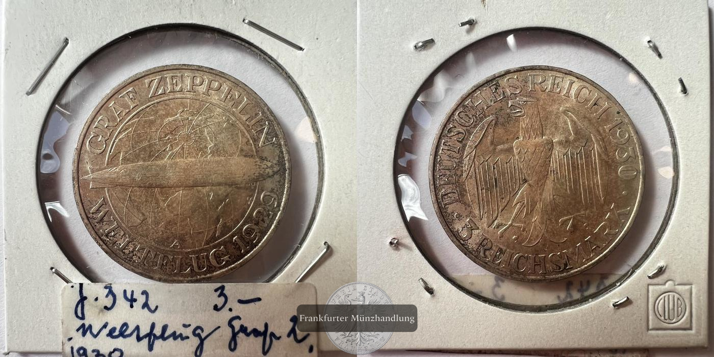  Dt. Reich 3 Reichsmark 1930 A (Graf Zeppelin) FM-Frankfurt KM#67 Feinsilber: 7,5g   