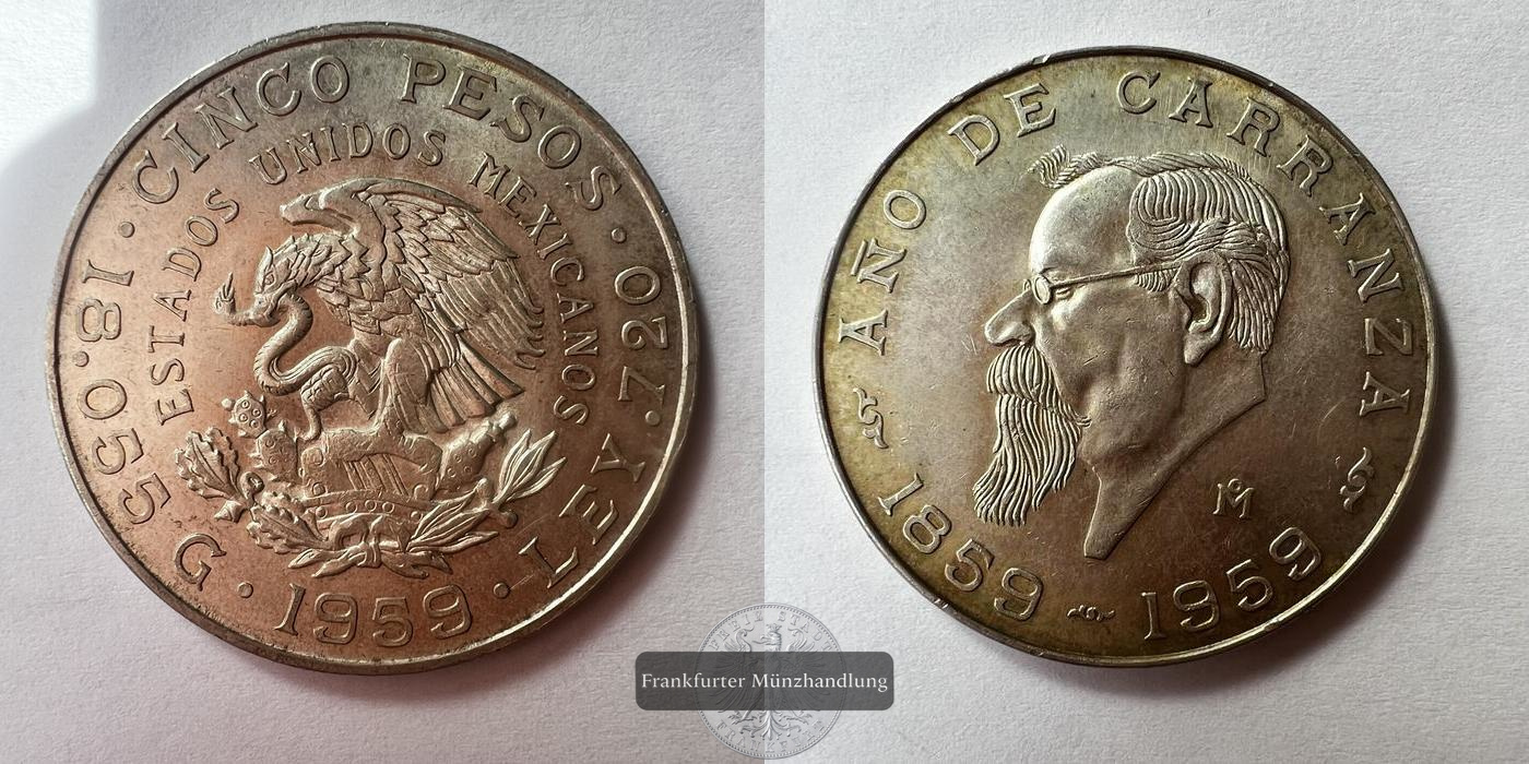  Mexiko 5 Pesos 1959 (Centennial of Carranza's Birth) FM-FRANKFURT KM#471 Feinsilber:13,068g   