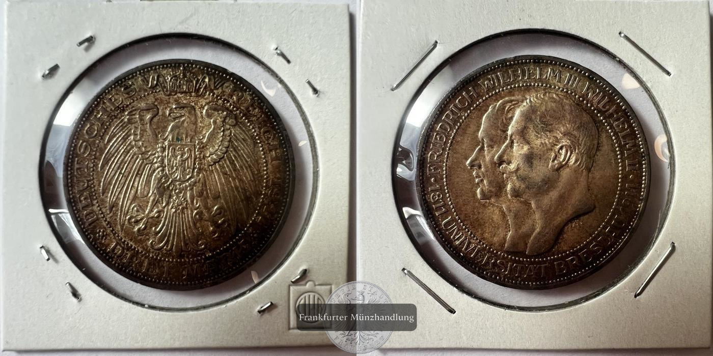  DR. Preußen 3 Mark - William II 1911 (University of Wrocław) FM-Frankfurt KM#531 Feinsilber: 15g   