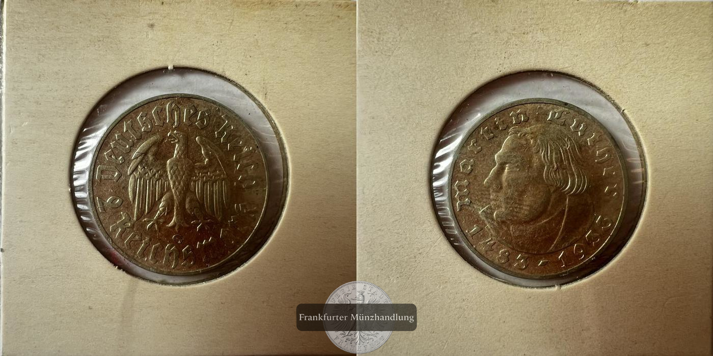  Dt. Drittes 2 Reichsmark 1933 G (Martin Luther) FM-Frankfurt KM#79 Feinsilber: 5g   