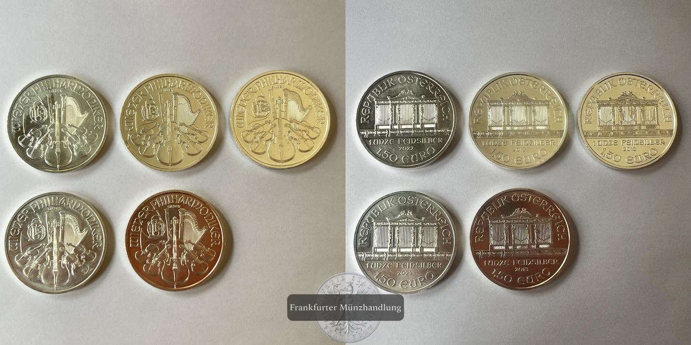  Österreich 5x 1,50 Euro 2x 2022 3x 2013 Wiener Philharmoniker FM-Frankfurt KM#3159 Feinsilber:155,5g   