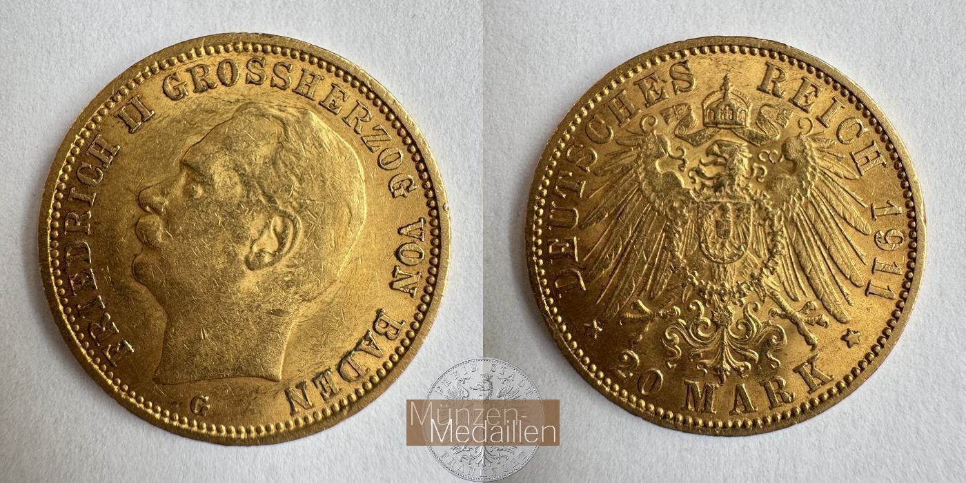 Deutsches Kaiserreich. Baden, MM-Frankfurt KM#284 Feingold: 7,17g Friedrich II. 20 Mark 1911 G 