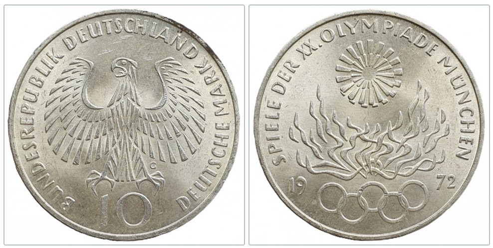  Deutschland 10 Mark 1972 G XX. Olympische Sommerspiele, München 1972 Flammen Silber 9,69g fein   