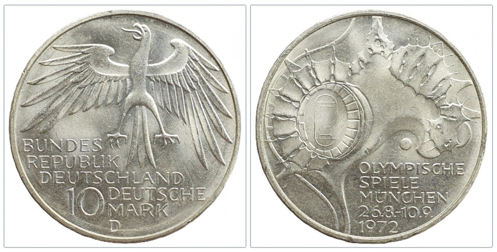  Deutschland 10 Mark, 1972 D XX. Olympische Sommerspiele, München Stadium Silber 9,69g fein   